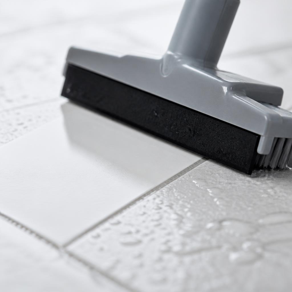 Integrated rubber squeegee blade clearing water from wet tile
