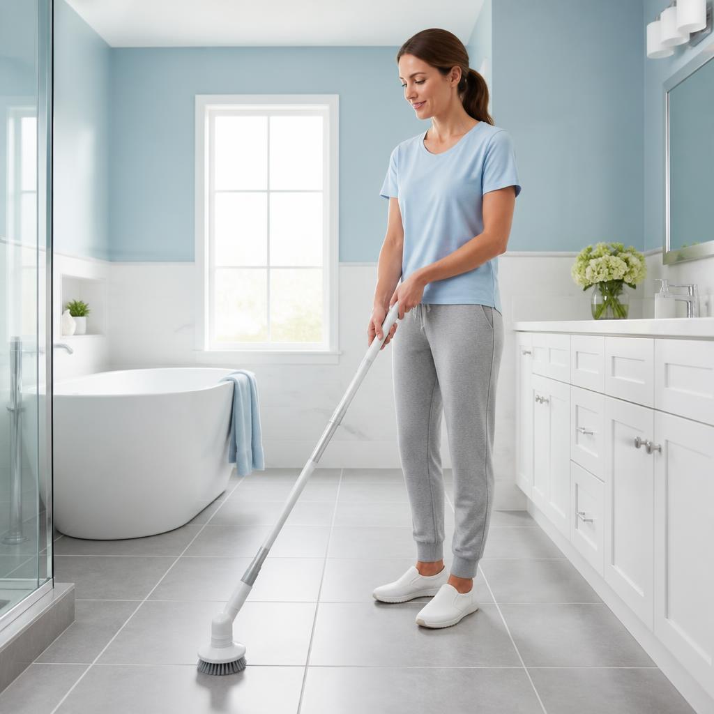 Standing upright while scrubbing tile grout with the telescopic brush