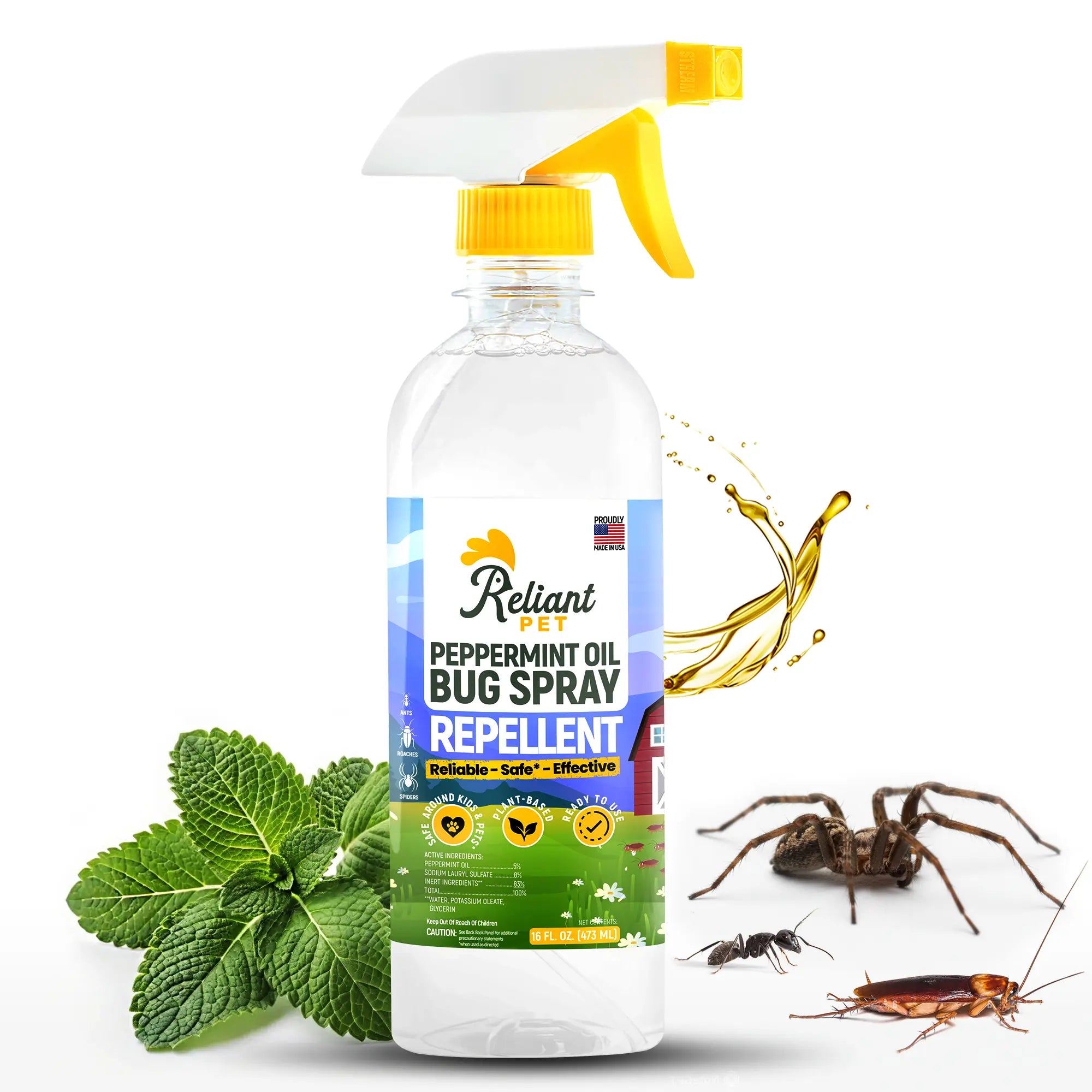 Reliant Pet Peppermint Oil Bug Spray - Deals for You Days - [16Oz and Made in USA ] Ants, Spiders, Roaches - Safe for USE around Kids and Pets - Effective & Usage