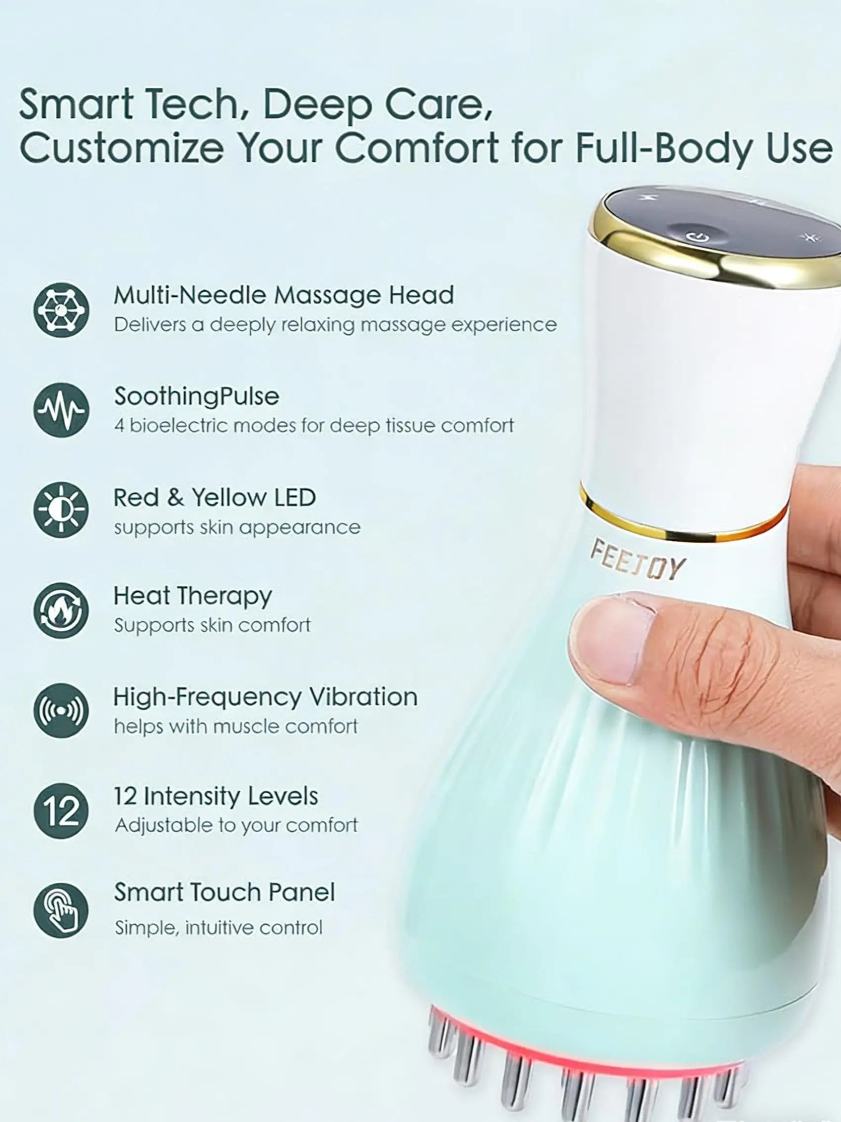FEEJOY Handheld Body Massager for Portable Muscle Relaxation Therapy, Deep Tissue Tool with Heat, Vibration, Red Light, 4 Modes & 12 Levels, Portable Hand Relaxation,Dorm Essentials
