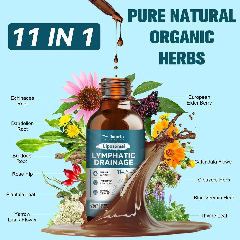 Totaria Liposomal Lymphatic Drainage Drops - 11 in 1 Organic Supplement with Burdock Root Echinacea Elderberry Calendula Cleavers Herb Dandelion Supports Lymphatic Health 2 FL.OZ Healthcare Natural,Travel Essentials